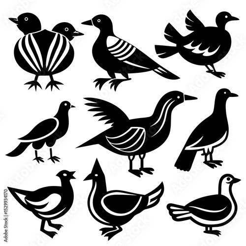 Stylized Bird Silhouette Vector Pack on White