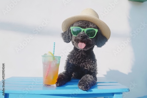 A black dog having fun in summer is shown with a colorful fruit cocktail, all on a clean white background