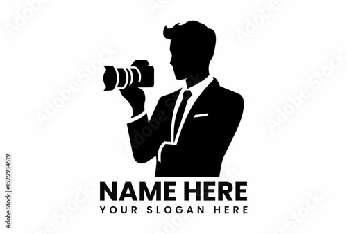 Stylized black silhouette vector logo of professional male photographer with camera for creative studio branding