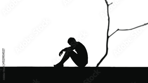 Silhouette of a person sitting with a tree branch against a bright background