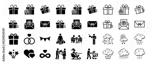 A collection of gift, celebration, and winter holiday icons
