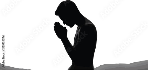 Silhouette of a man with hands clasped in prayer against a white background