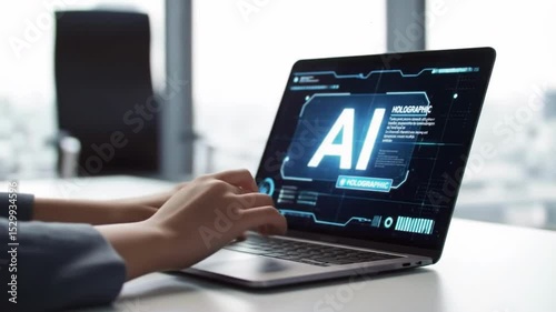 Hands type on laptop displaying AI concept technology innovation future advancement