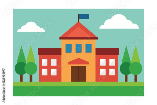Cartoon School Building Illustration with Green Lawn 