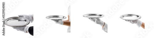 Set of Serving Silver Tray with Hand in White Glove Isolated on Transparent Background