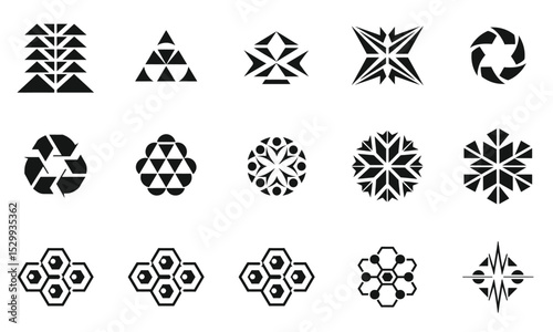 A collection of diverse geometric black and white patterns featuring triangles, hexagons, and star shapes that evoke a modern and artistic aesthetic.