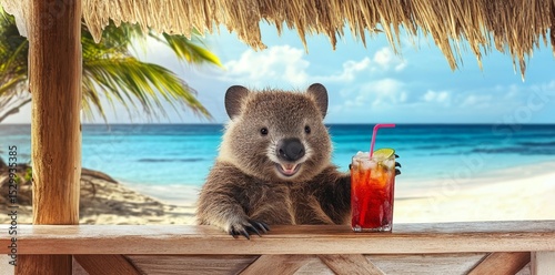 At a seaside resort, the wombat is taking a summer vacation and is now enjoying some relaxation time on the beach