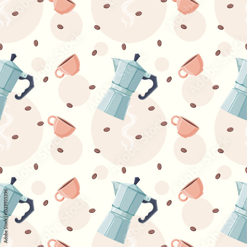 seamless pattern geyser coffee maker with coffee mug for breakfast in soft tones