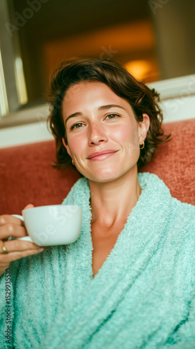 A woman in a soft, mint green robe smiles while holding a white cup of tea. The background features warm tones, creating a relaxed, inviting atmosphere.