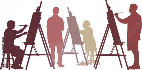 Silhouettes of people painting on canvases in an art class setting studio