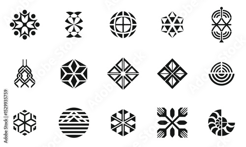 A diverse collection of black and white geometric logos featuring various shapes and patterns, showcasing creativity and modern design aesthetics.