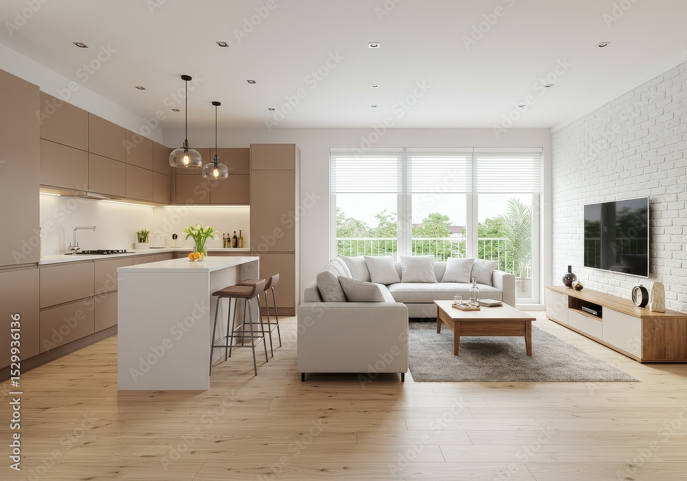 Fototapeta premium Bright openplan living space with modern kitchen and cozy sofa