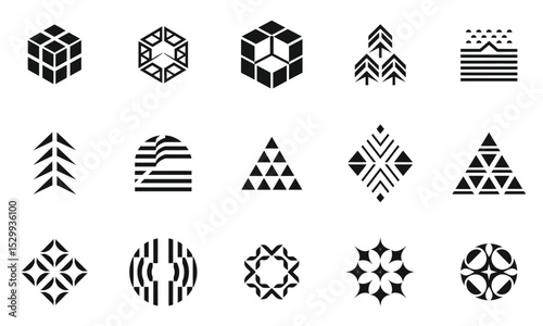 A collection of unique black and white geometric shapes featuring cubes, triangles, and intricate patterns, creating a visually striking arrangement.