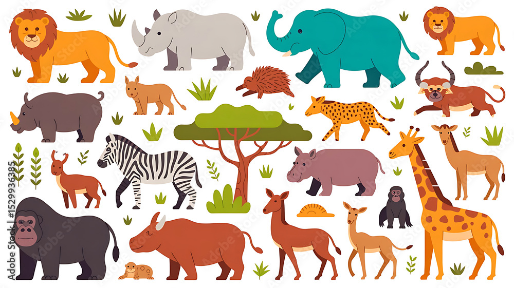 Obraz premium African Safari Animals Collection Flat Style Illustration