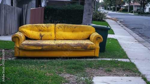 Trash Couch. Old Yellow Sofa with Cushions Left on Curb in Residential Area