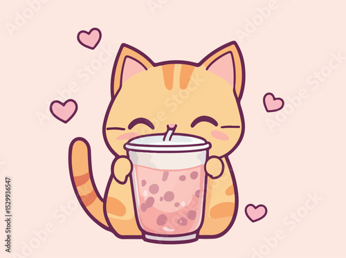 Adorable Orange Tabby Cat Enjoying a Refreshing Boba Tea with Hearts Floating Around Perfect for Kawaii Lovers and Sweet Treat Enthusiasts on a Light Pink