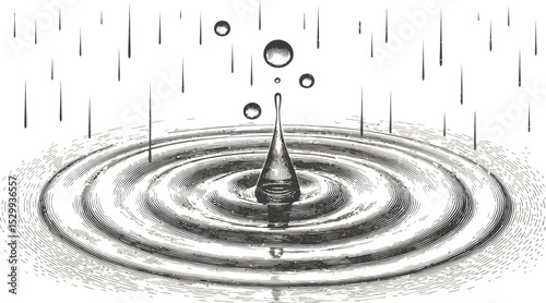 Illustration of a water droplet creating ripples with rain falling around it