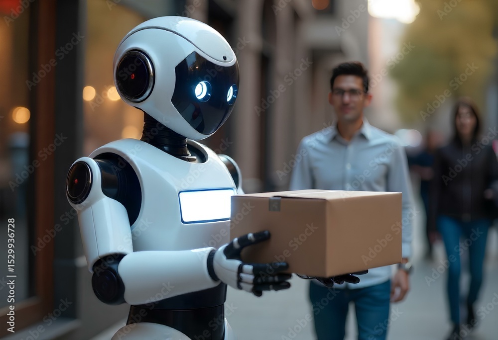 Fototapeta premium White delivery robot with customer's name illuminated on screen on chest handing over parcel
