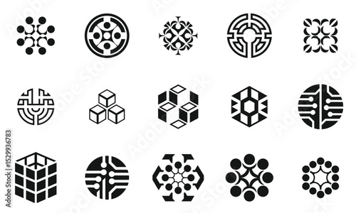 A collection of sixteen modern black and white geometric logo designs showcasing various abstract shapes, patterns, and illustrations, reflecting creativity and innovation.
