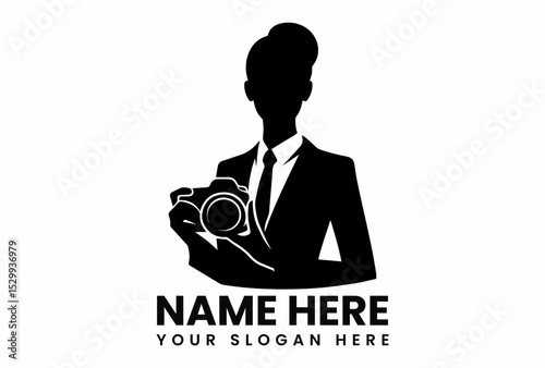Professional female silhouette in a suit holding a camera, representing a photographer or visual artist. Photography concept