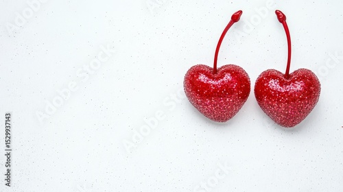 Bright red cherries adorned with glitter stand out against a light background, showcasing a playful and whimsical design