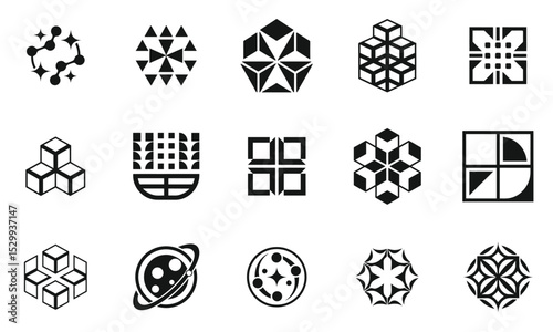 A collection of unique abstract geometric designs in black and white, showcasing various shapes and patterns that evoke creativity and innovation.