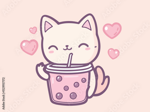 Cute Cartoon Cat Enjoying Bubble Tea with Hearts on a Pastel Pink Background Perfect for Kawaii Designs and Sweet Themed Illustrations for Children and Adults