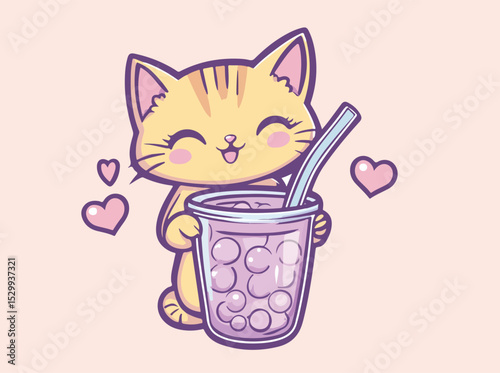 Adorable Kawaii Cat Holding a Bubble Tea Drink with Hearts Floating Around Perfect for Stickers T shirts or Social Media Posts Illustration on a Light