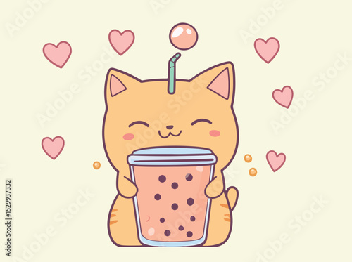 Cute Kawaii Cat Holding a Bubble Tea Drink with Hearts Floating Around Perfect for Valentine s Day or a Sweet Treat Themed Design Illustration Style