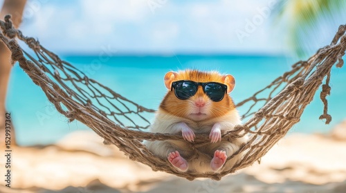 A vital hamster wearing sunglasses is currently at rest on the beach