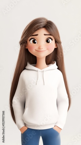 Thin young girl stands with a cheerful expression, wearing a white hoodie, showcasing her long hair and bright features in a lively atmosphere