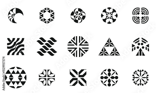 A collection of unique, abstract black and white geometric patterns, each showcasing intricate designs that evoke creativity and modern aesthetics.