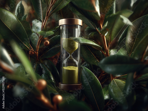 Hourglass Blending Time and Life Amidst Lush Green Leaves