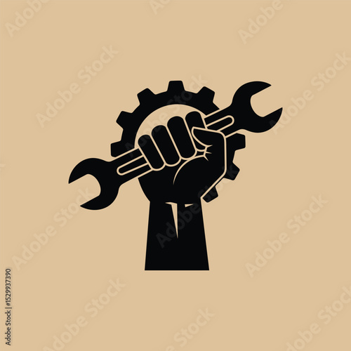 Bold Icon with Clenched Fist Holding Wrench and Gear Background Symbolizing Strength and Craftsmanship