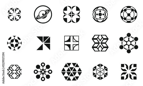 A collection of abstract black and white geometric logos representing various concepts such as space, technology, and interconnectedness.