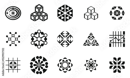 A collection of geometric black and white icons, showcasing various patterns and shapes, including stars, cubes, and tessellations, ideal for graphic design.