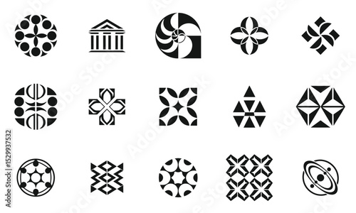 A collection of diverse geometric and abstract black and white logo designs showcasing various patterns and shapes, ideal for modern branding projects.