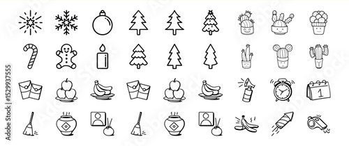 A collection of hand-drawn icons representing various holidays and celebrations, including Christmas, New Year, and other festive themes.