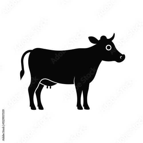 Stylized black and white illustration of a cow standing isolated against a plain white background