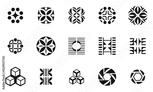 A creative arrangement of unique black and white geometric logos, showcasing diverse shapes and patterns, perfect for modern branding or design inspiration.
