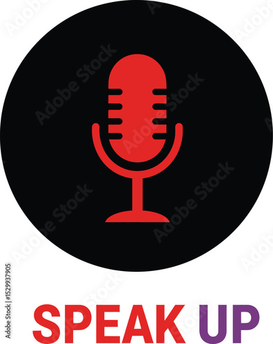 Speak Up Microphone Symbol: A minimalist, visually striking design features a red microphone symbol, set against a black backdrop.