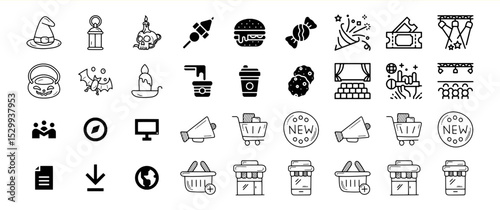 A diverse collection of hand-drawn icons representing various themes, including Halloween, food, shopping, and entertainment.