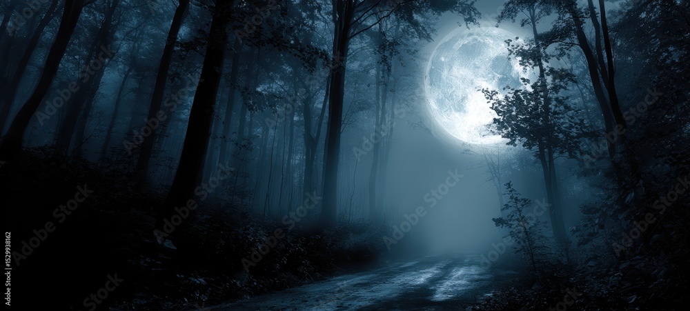 Fototapeta premium The Enigmatic Moon Illuminates a Misty Forest Trail at Night