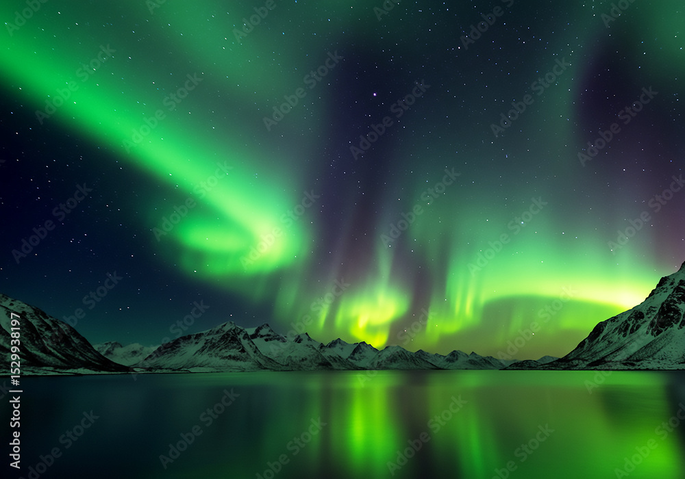 Naklejka premium Mesmerizing Aurora Borealis A Celestial Dance of Lights Over Frozen Landscapes