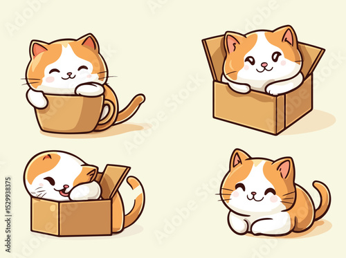 Cute Cartoon Ginger and White Cat Illustrations Featuring a Kitten in a Coffee Cup Kitten in Cardboard Boxes and a Kitten Lying Down with a