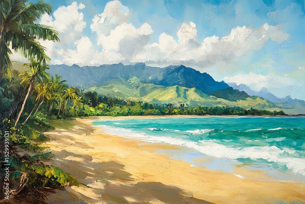 A picturesque tropical beach is characterized by its radiant turquoise waters, lush green vegetation, and sunny sky A picturesque tropical beach is characterized by its radiant turquoise waters, lush green vegetation, and sunny sky