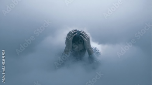 A person slowly sinking into fog, only head visible with anxious expression, symbol of being overwhelmed by fear and anxiety, cinematic moody lighting