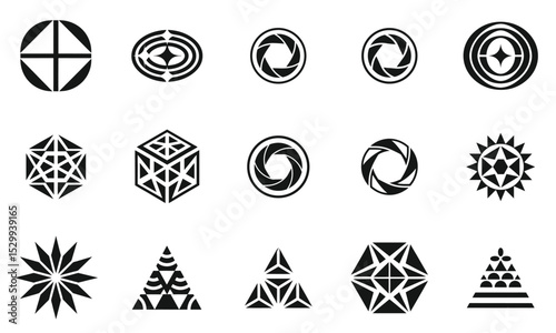 A diverse collection of abstract geometric shapes and patterns, showcasing unique designs in black and white. Ideal for branding, decoration, or artistic projects.