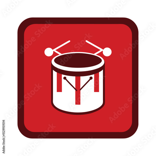 Vector illustration of a snare drum within a red square for music and entertainment