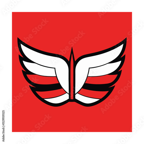 Abstract winged emblem design with red background illustrating freedom and symbolism